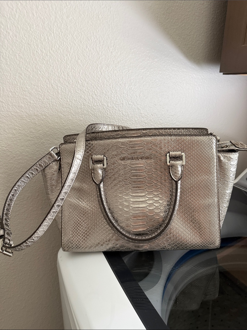 Michael Kors Metallic Silver Snake-Embossed Satchel Bag